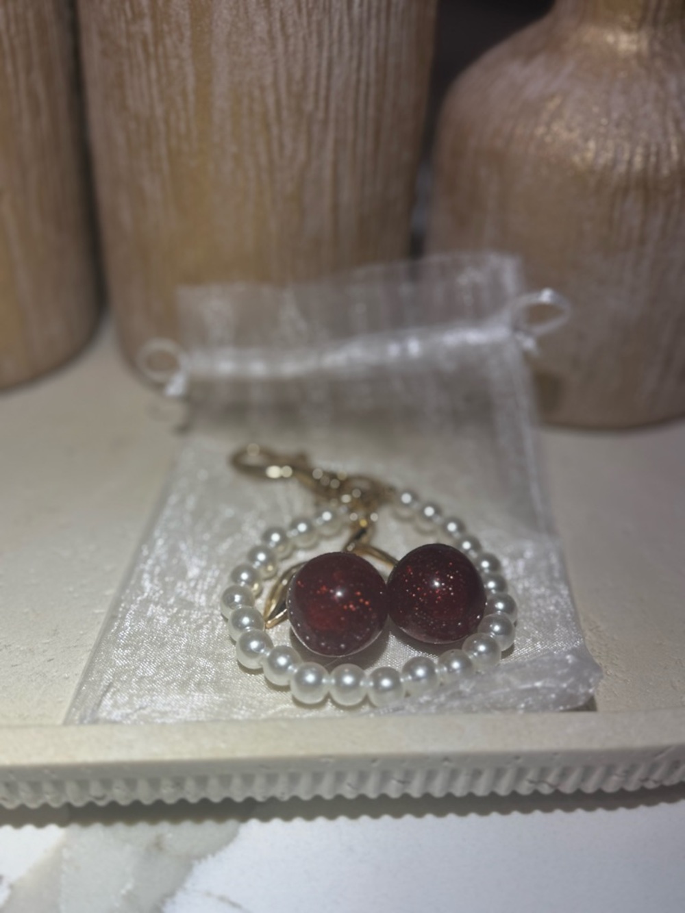 BUNDLE ME! Gold Cherry Pearl Drop Bag Chain Drop - Red & White - Picture 4 of 8